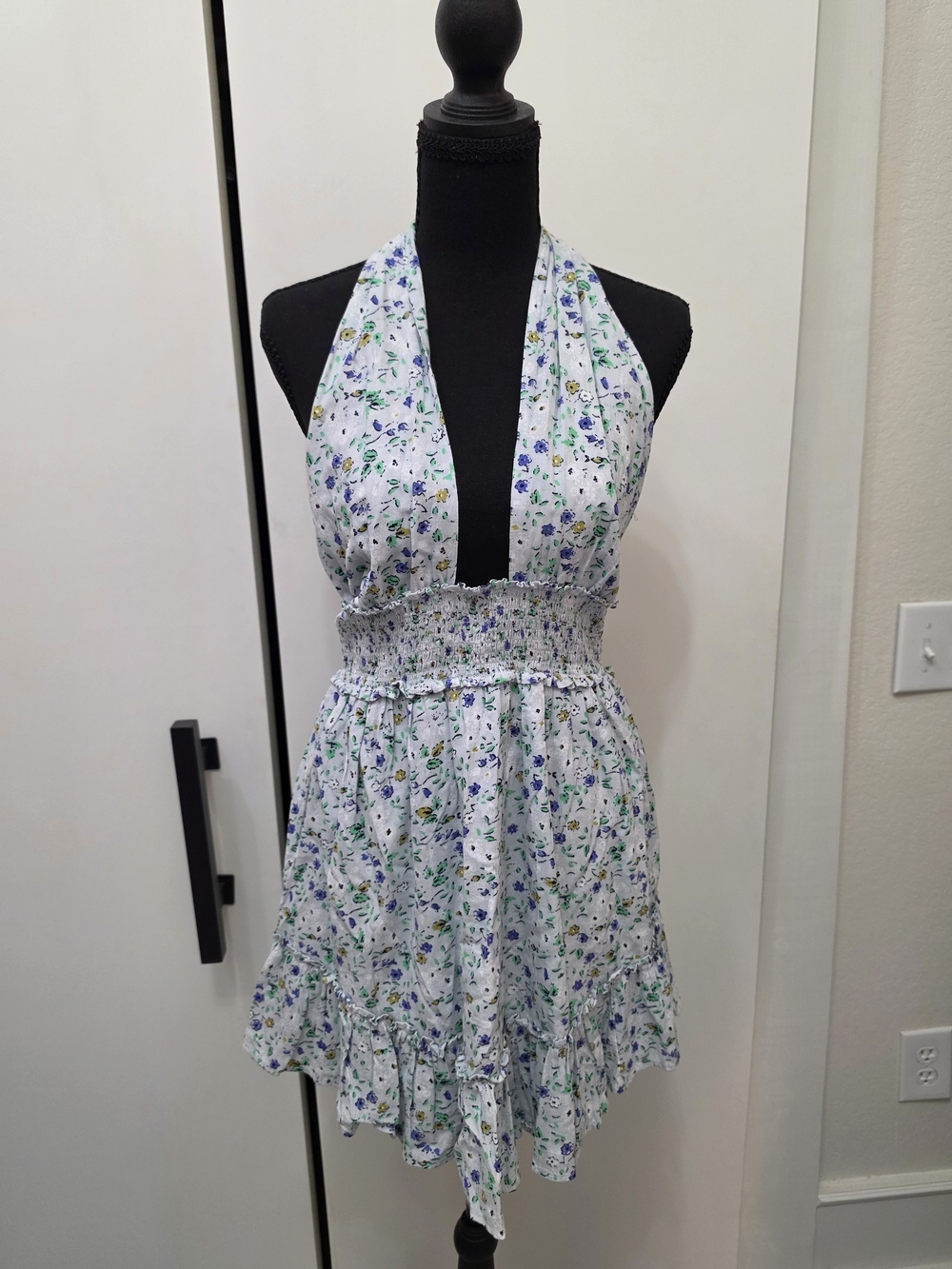 aerie White Floral Halter Mini Dress with Blue & Green Print